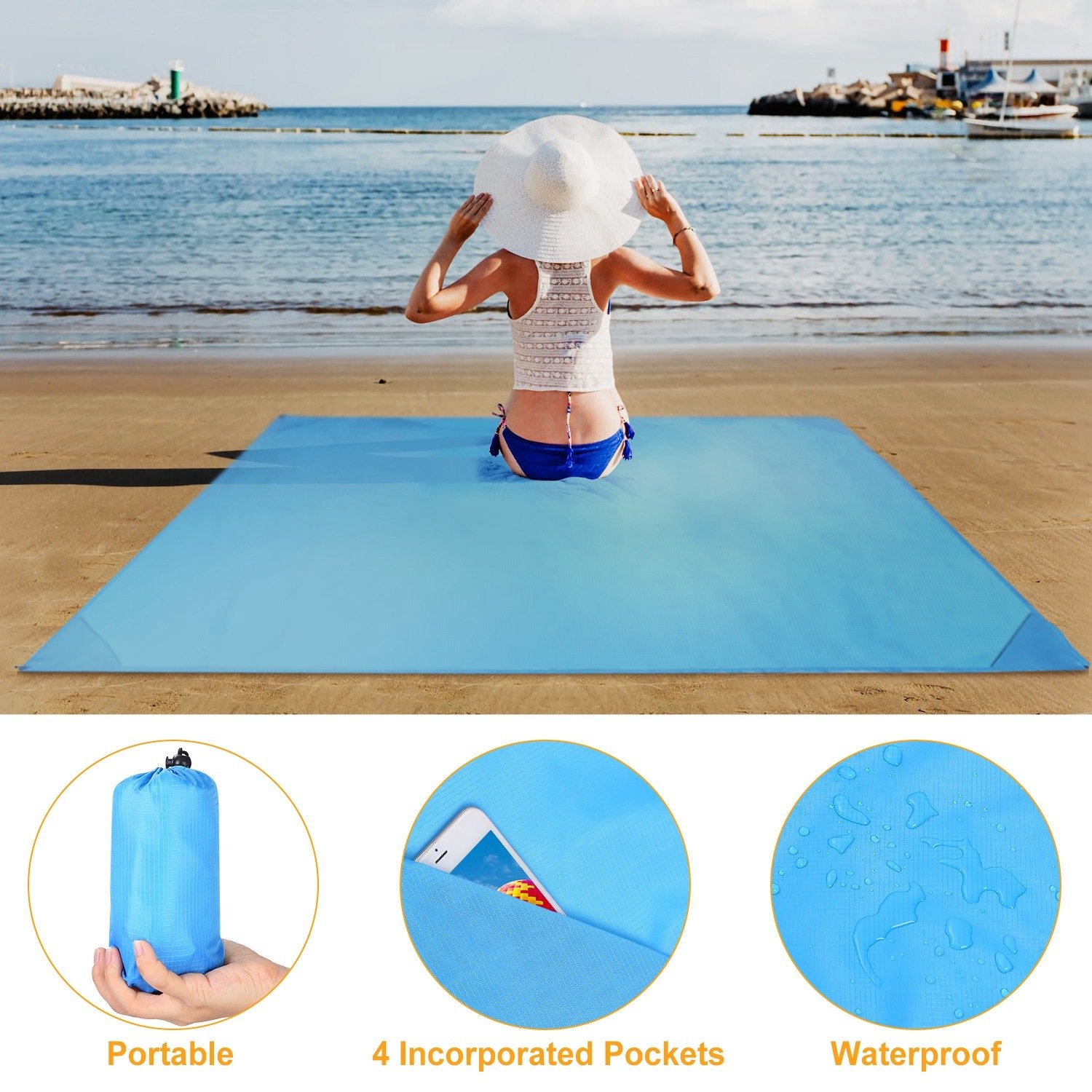 Portable Beach Blanket 4.6' x 6.6' Waterproof Foldable Camping Rug Pocket Sandproof Picnic Mat Portable Beach Blanket 4.6' x 6.6' Waterproof Foldable Camping Rug Pocket Sandproof Picnic Mat